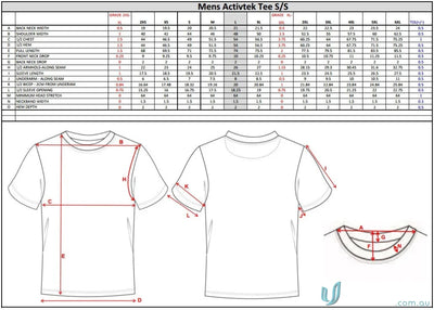 Men’s T-Shirt Size Chart for TS104 Custom T-Shirt made with sublimated sports fabric