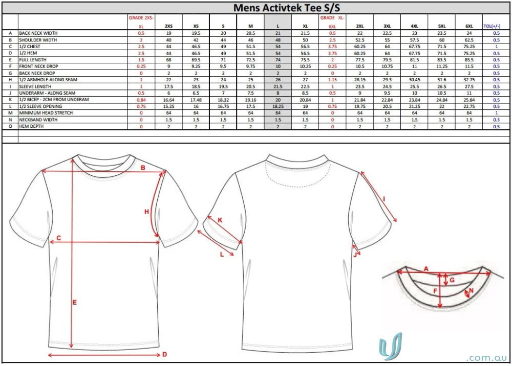 Men’s Activtek Tee size chart for TS110 custom made sublimated sports fabric shirts