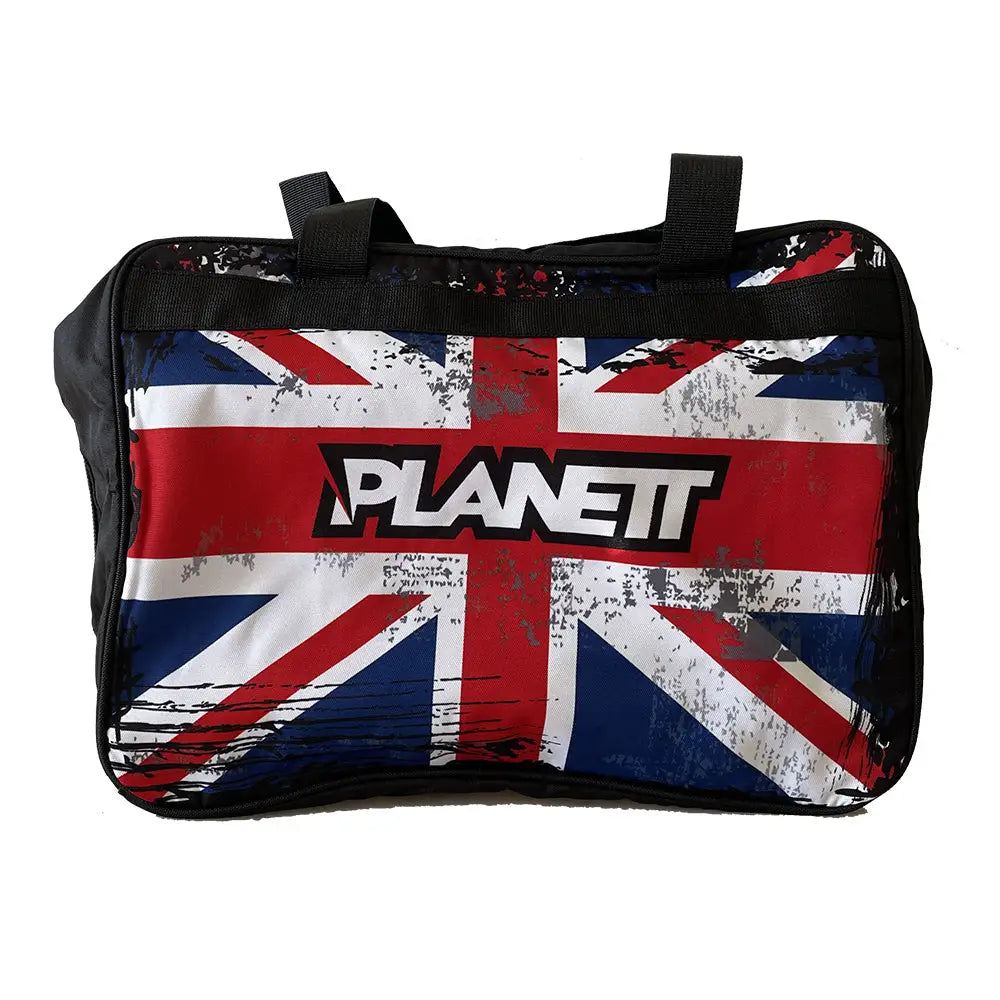 Black duffel bag with a Union Jack design.