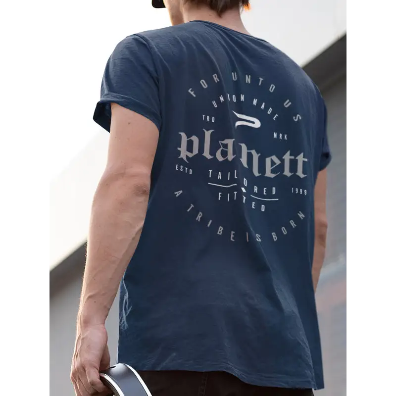 Blue t-shirt with circular graphic.