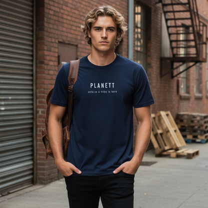 Navy blue cotton t-shirt with white ’planett’ text and smaller slogan below