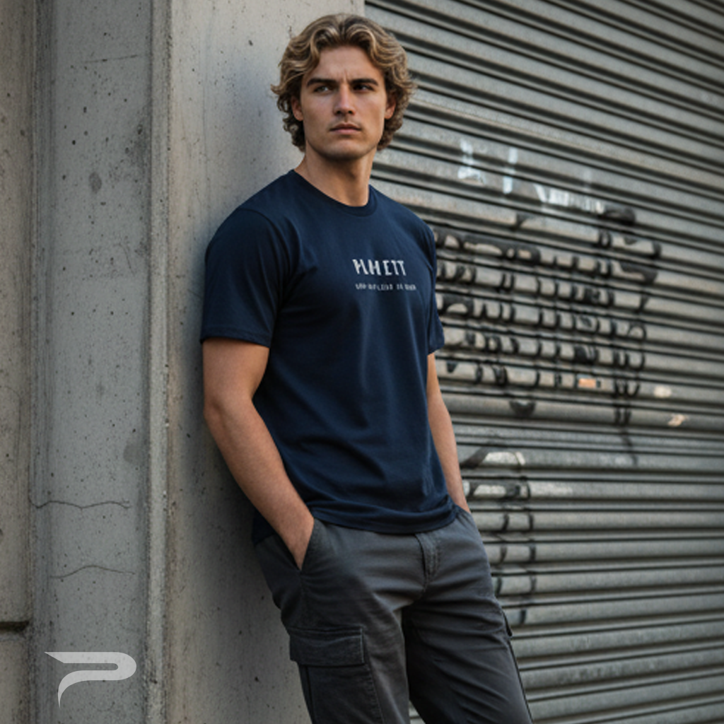 Navy blue short-sleeved t-shirt with white text logo on the chest