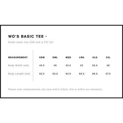 Women’s basic tee size chart.