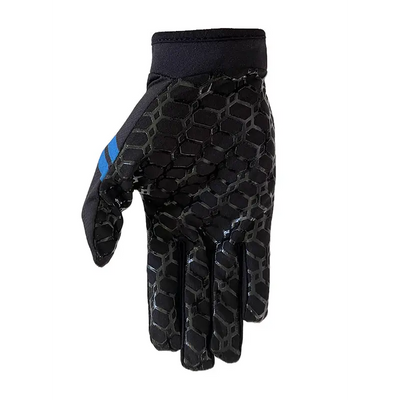 Black glove with blue stripe and honeycomb pattern.
