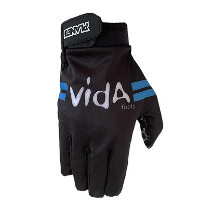 Black glove with white and blue accents.