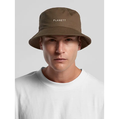Olive green bucket hat.