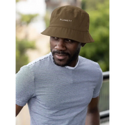 Brown bucket hat.