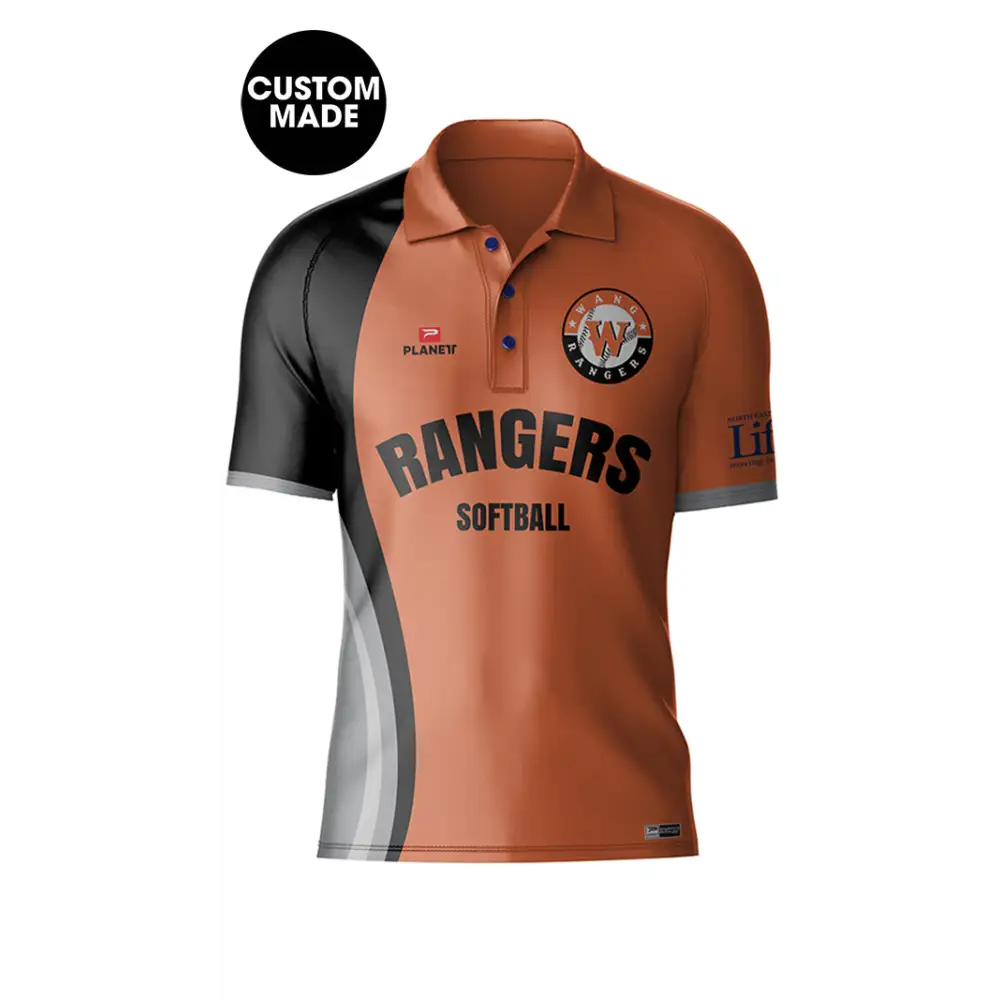 Orange and black Rangers softball polo shirt.