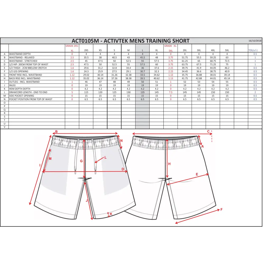 Men’s training short size chart.