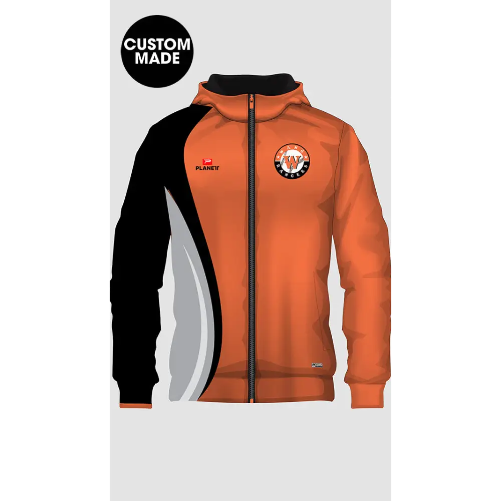 Orange and black custom-made jacket.