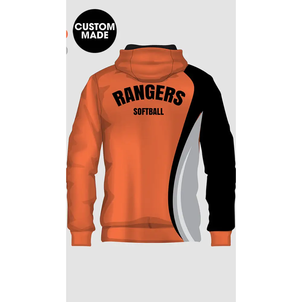 Orange and black ’Rangers Softball’ hoodie.