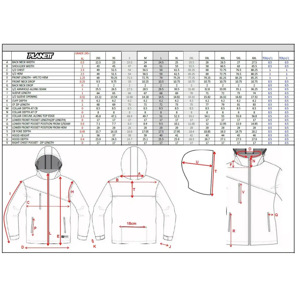 Technical drawing of a hooded jacket with size chart.