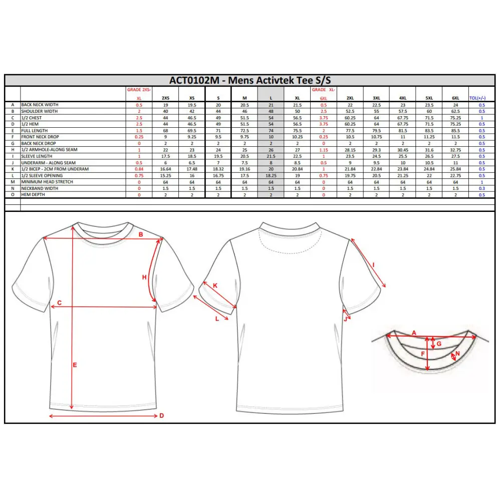 Mens Activtek Tee S/S size chart.