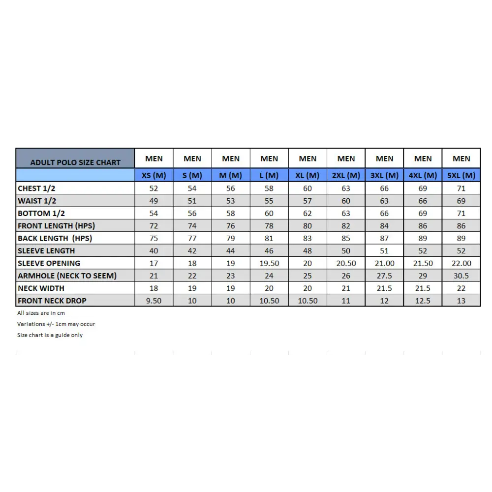 Adult polo shirt size chart.