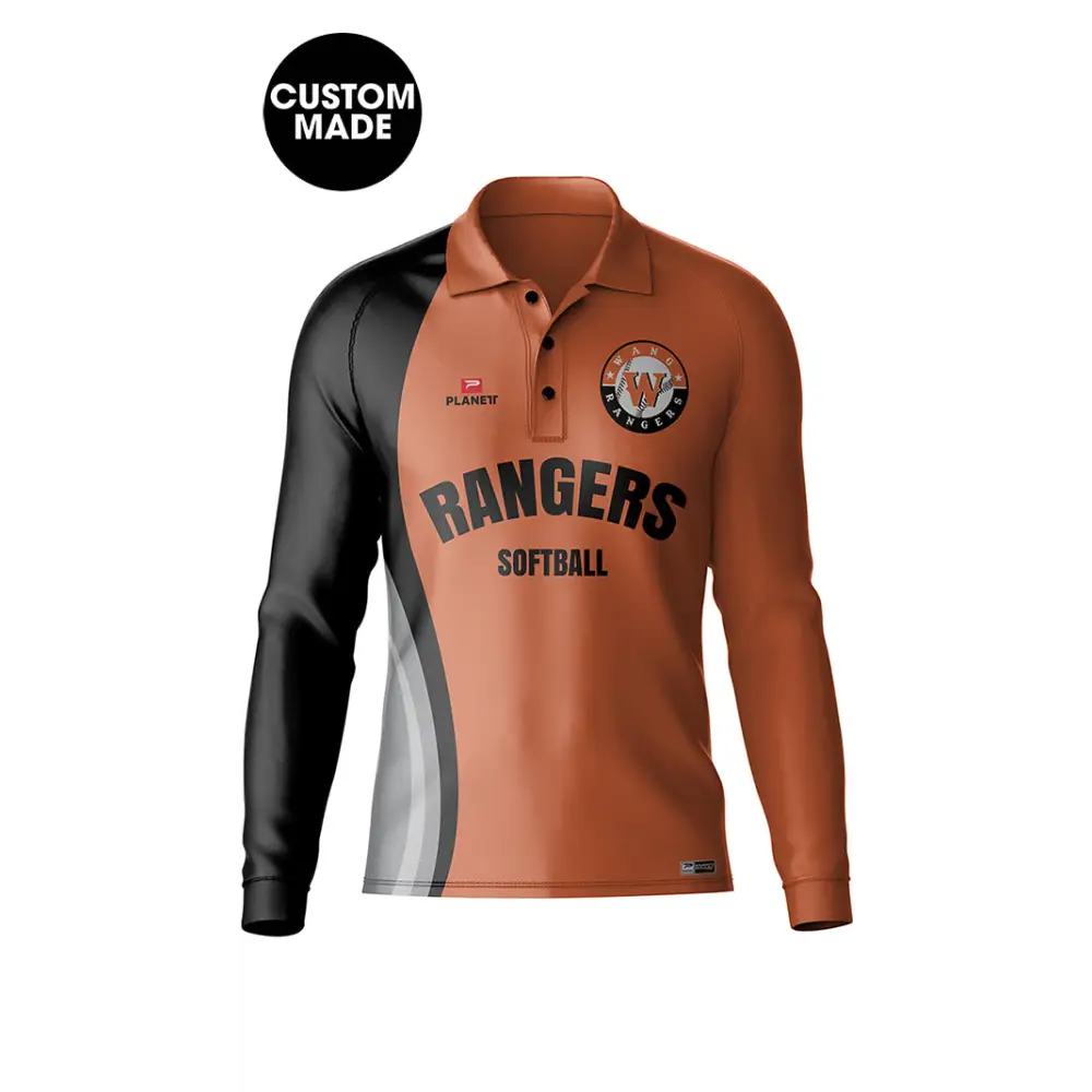 Long-sleeved Rangers softball jersey.