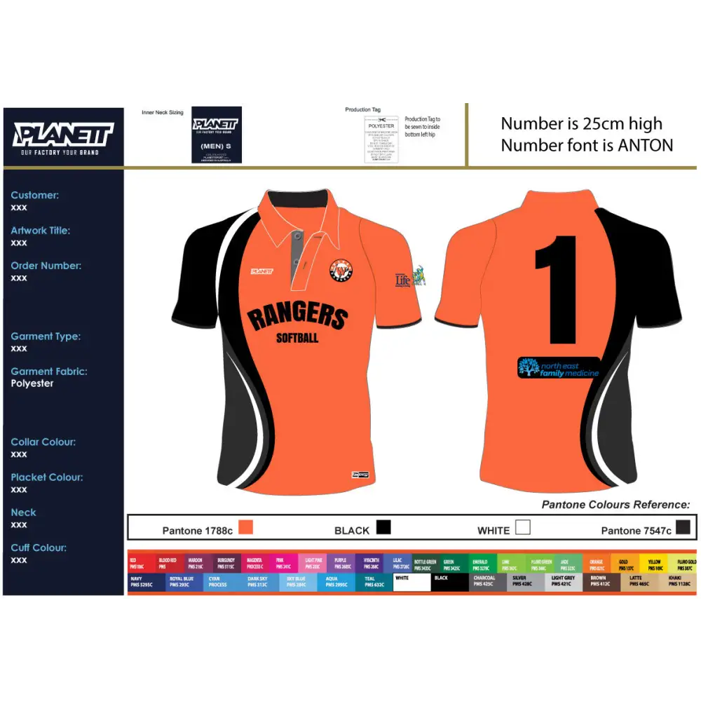 Orange and black softball jersey design.