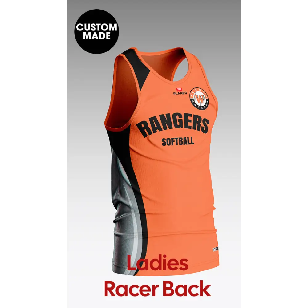 Orange and black racerback softball jersey.