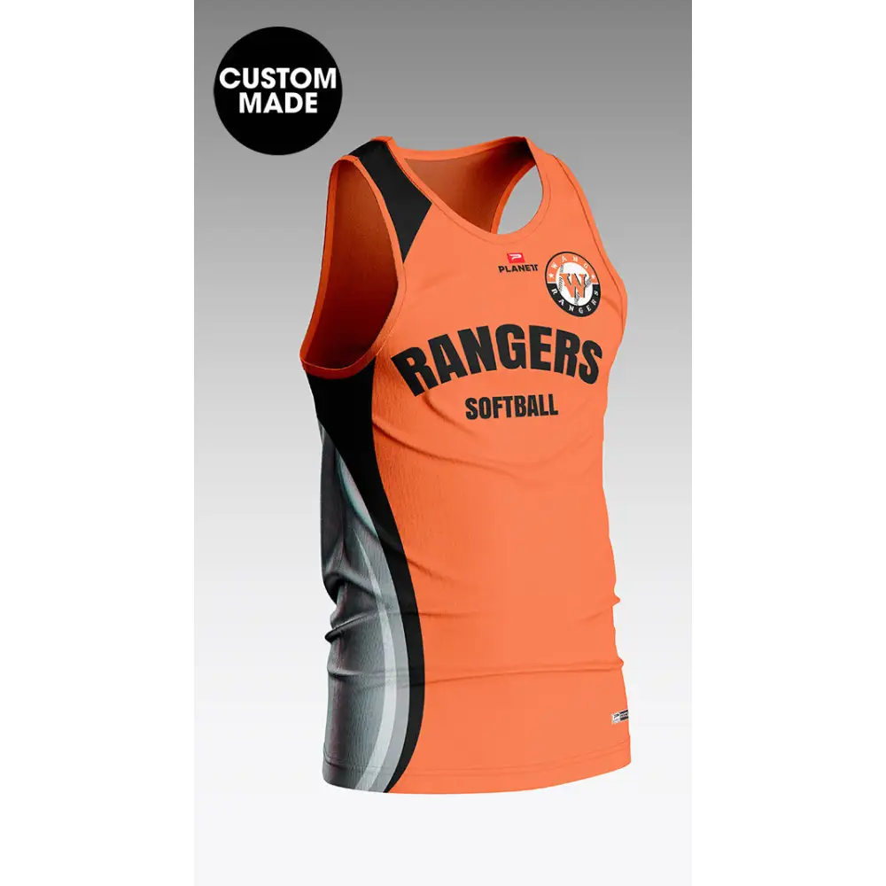 Orange and gray softball jersey.