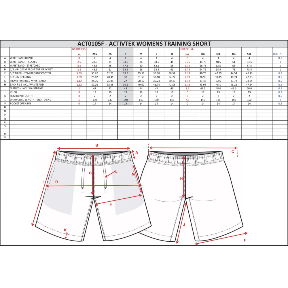 Women’s training short size chart.