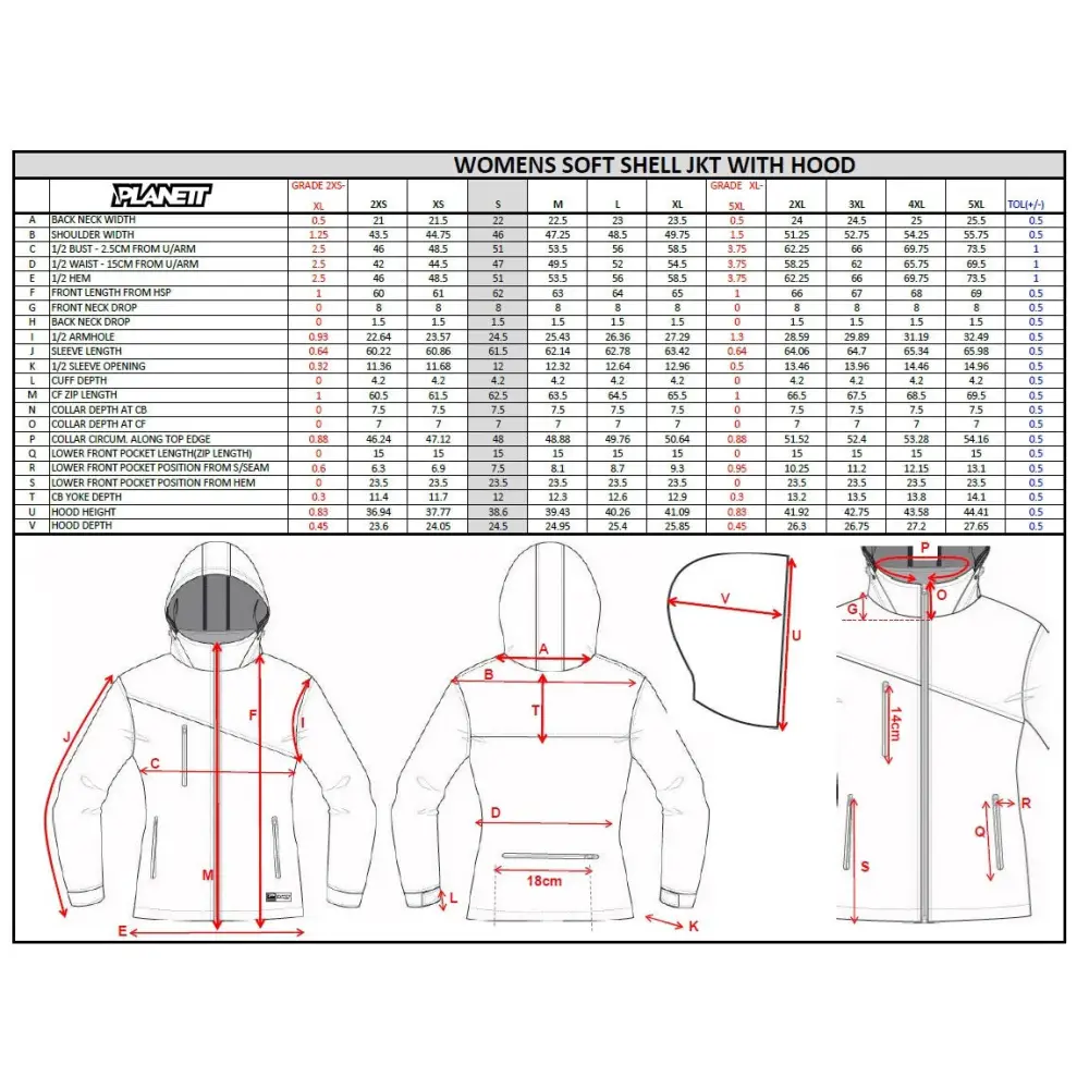 Women’s soft shell jacket size chart.