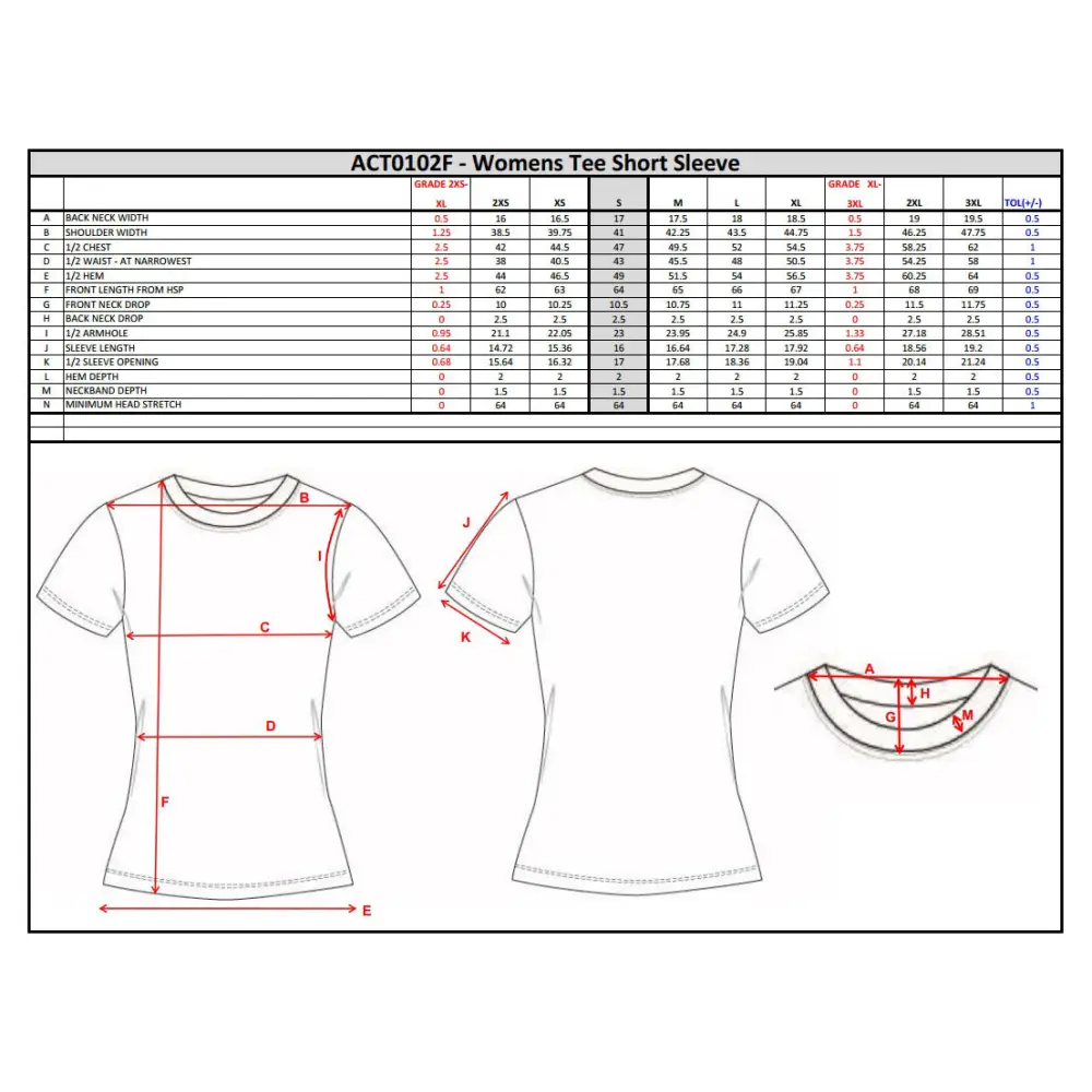 Women’s tee short sleeve size chart.