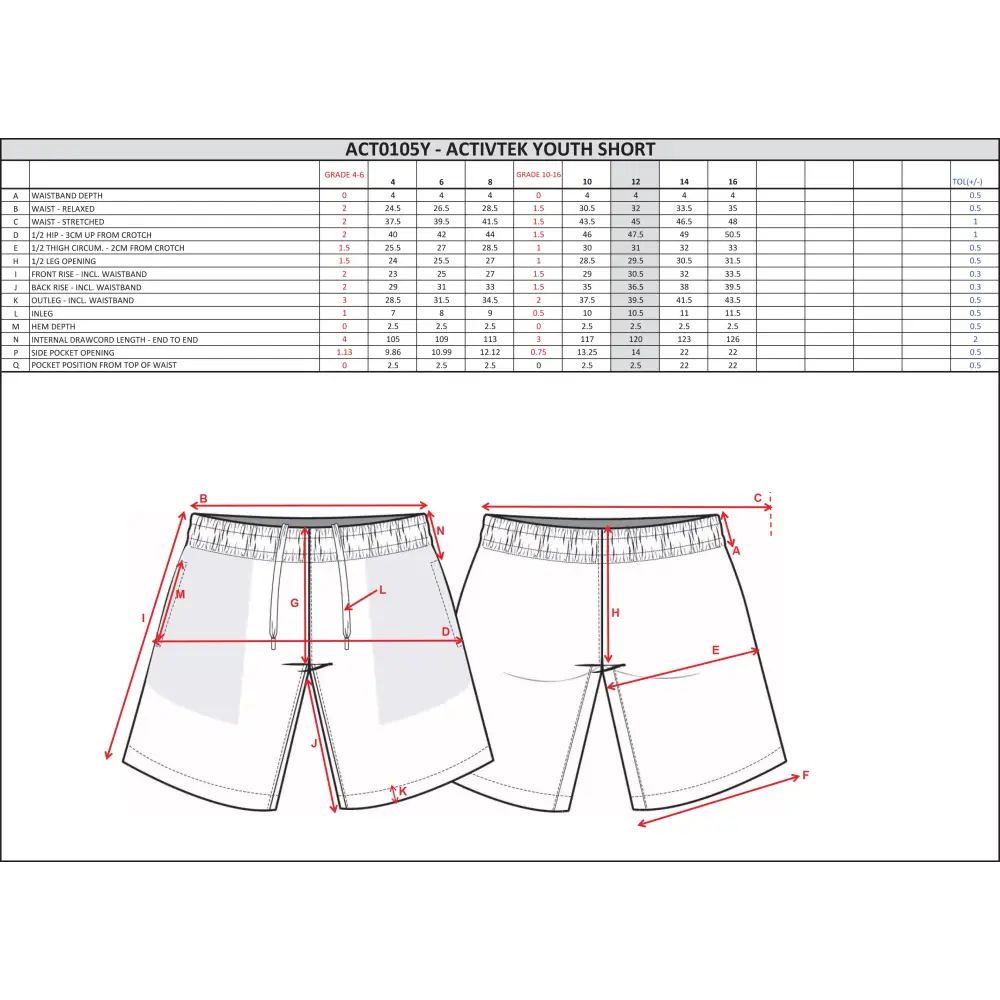 Youth athletic shorts with size chart.