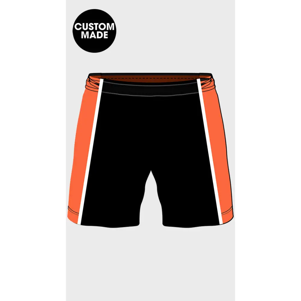 Custom-made black and orange athletic shorts.