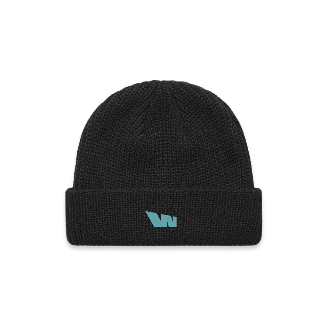 Black knit beanie with teal logo.