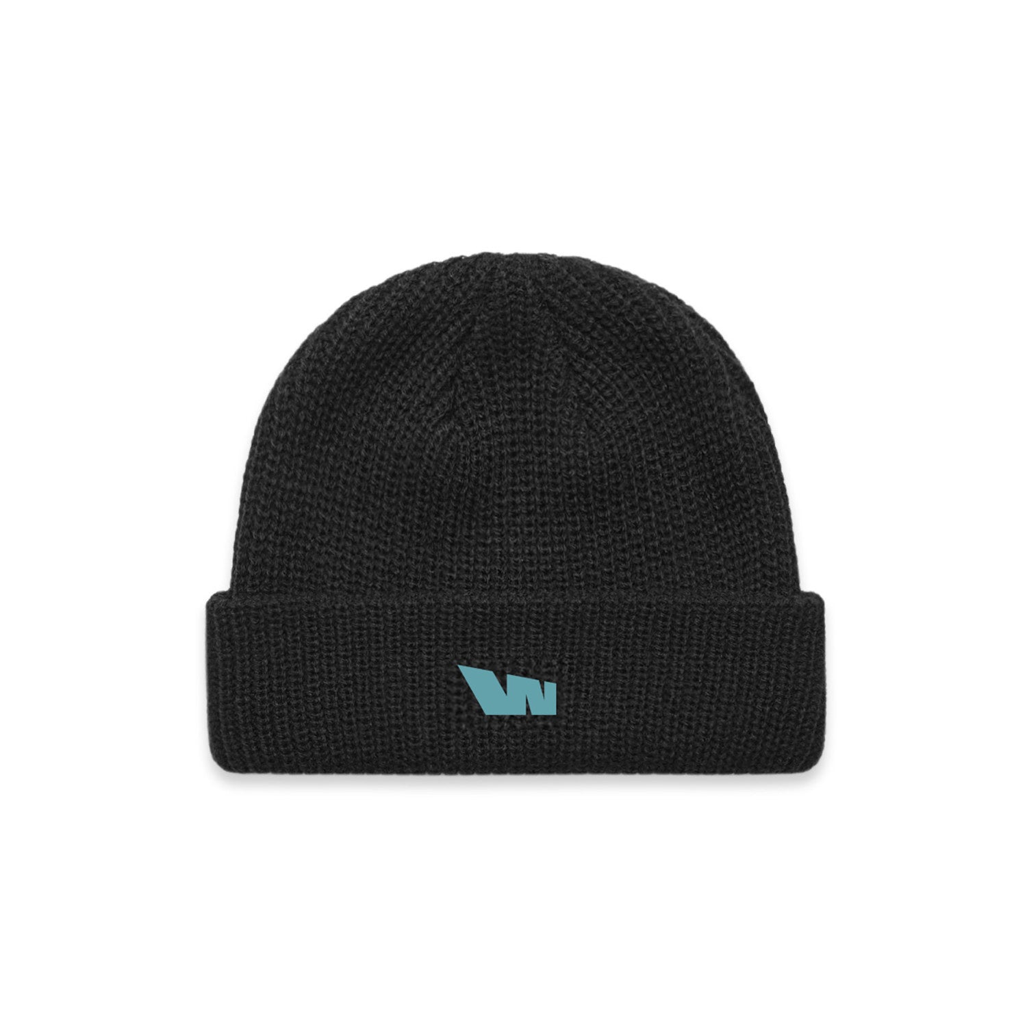 Black knit beanie with teal logo.