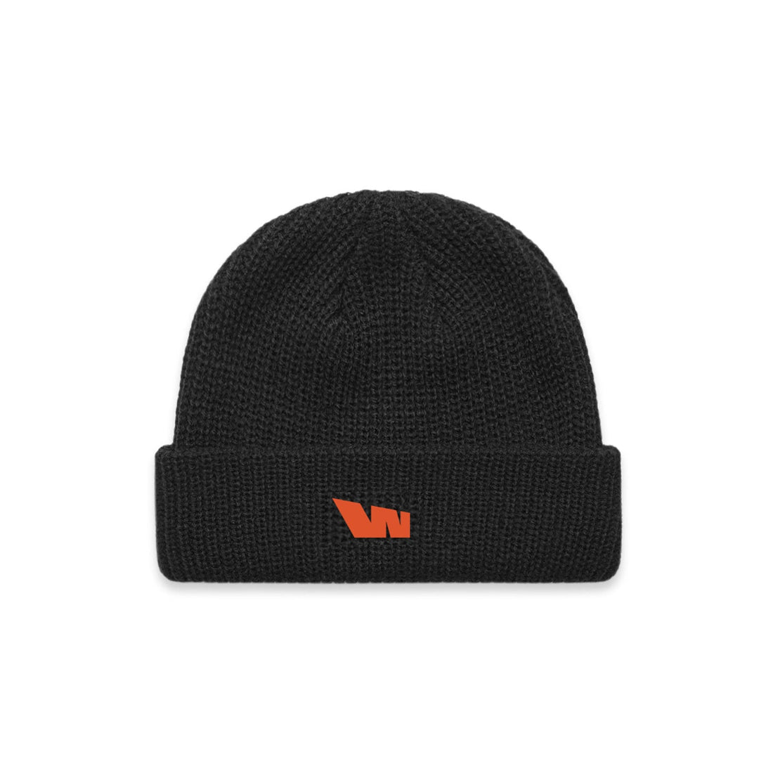 Black knit beanie with orange logo.