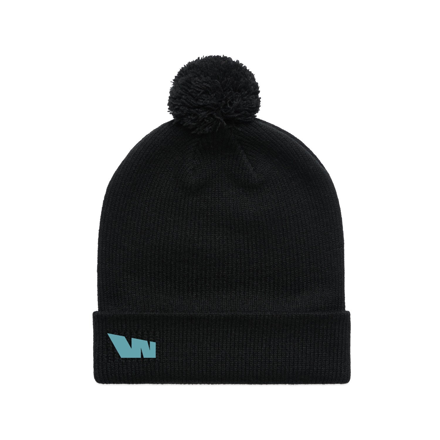 Black knit beanie with pompom.