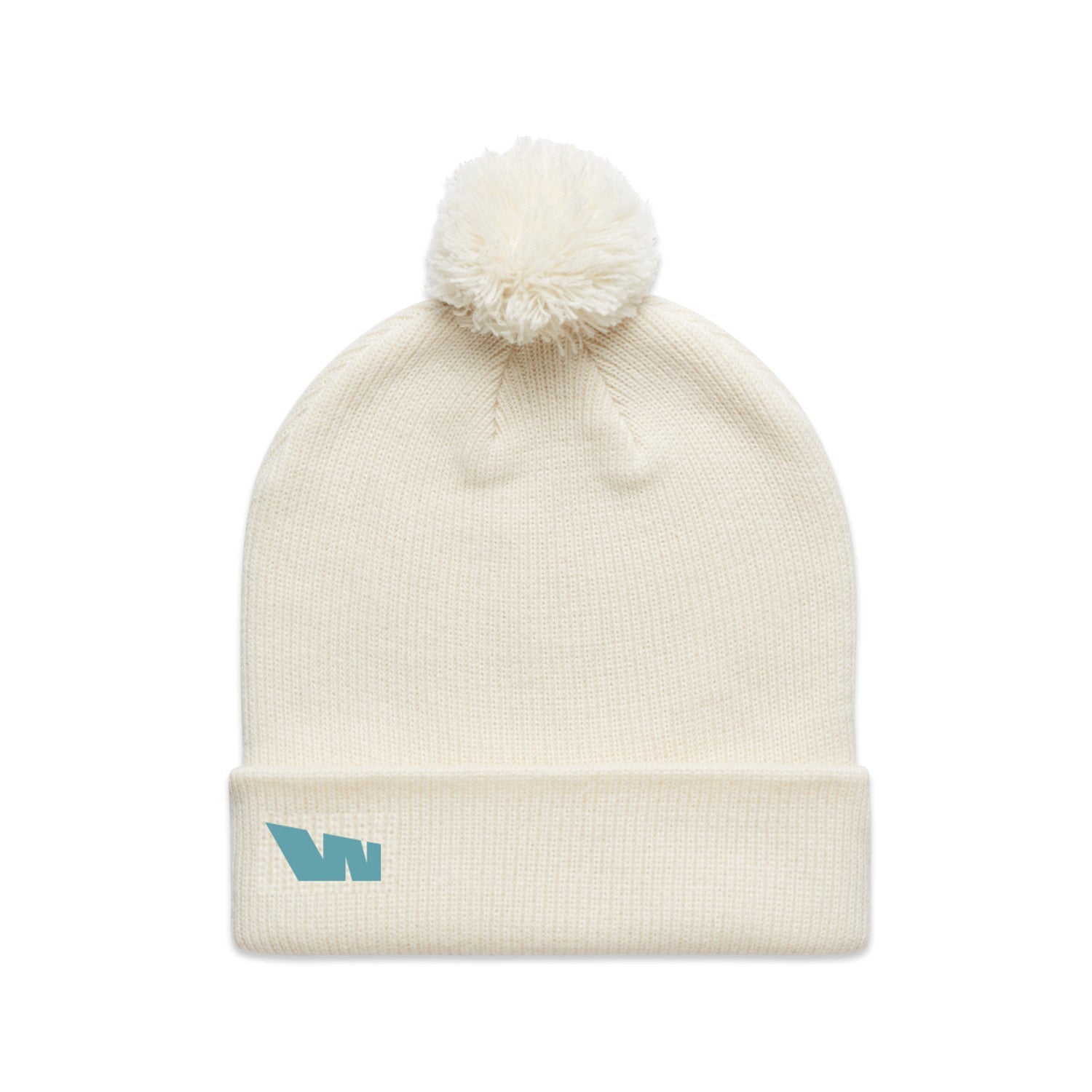Cream-colored knit beanie with pompom.