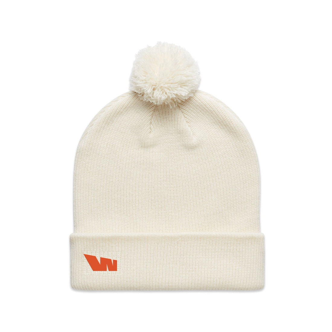 Cream-colored knit beanie with pompom.