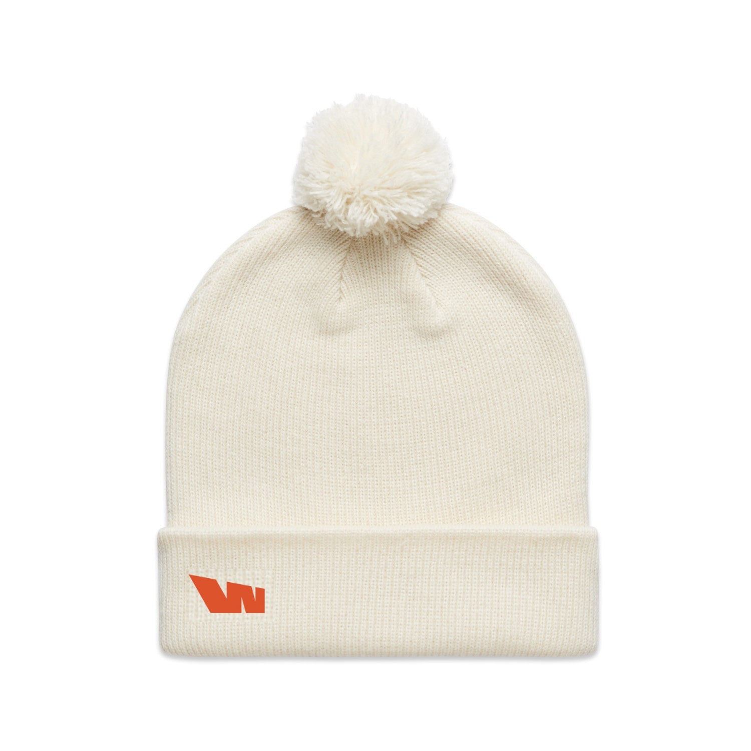 Cream-colored knit beanie with pompom.