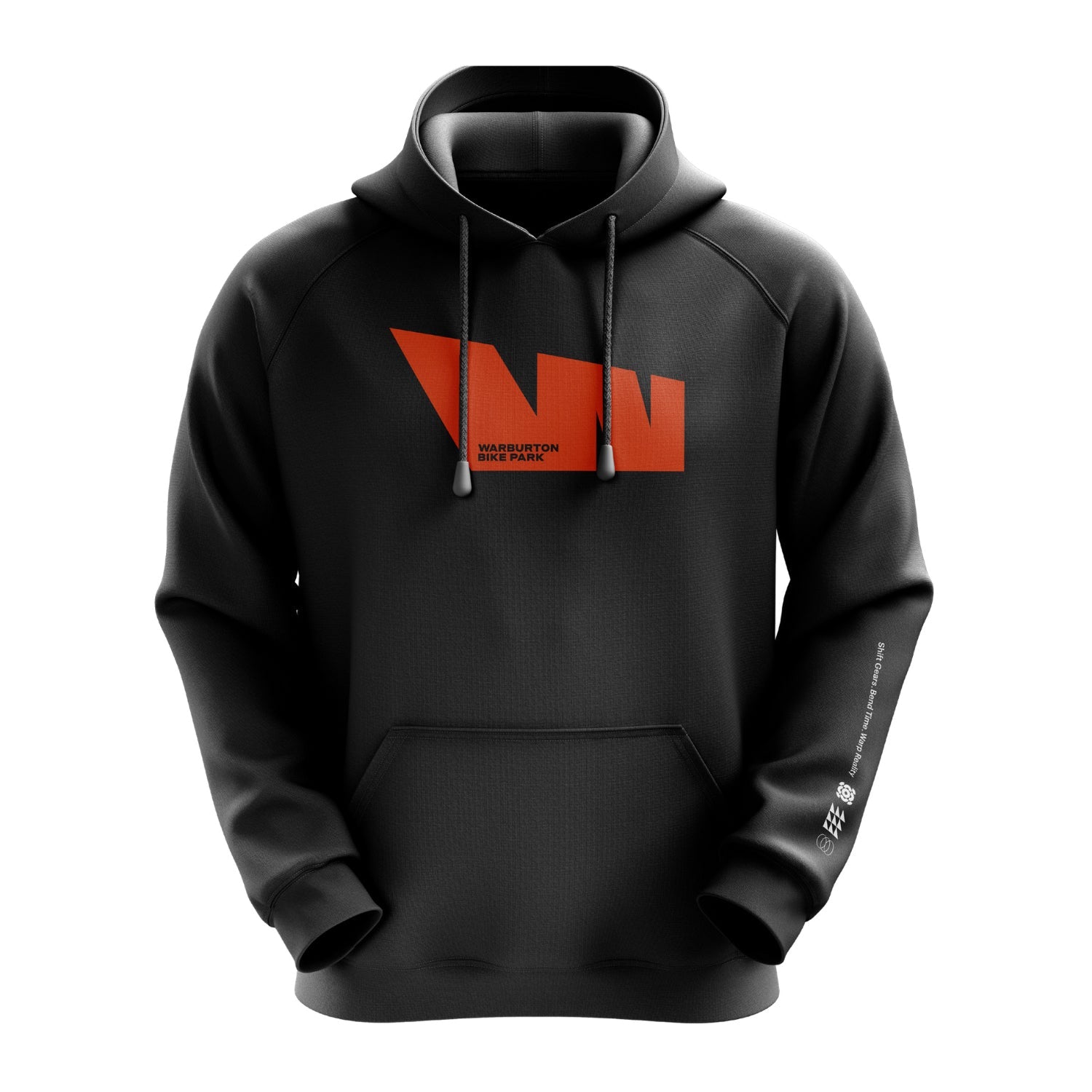 Black hoodie with red logo.