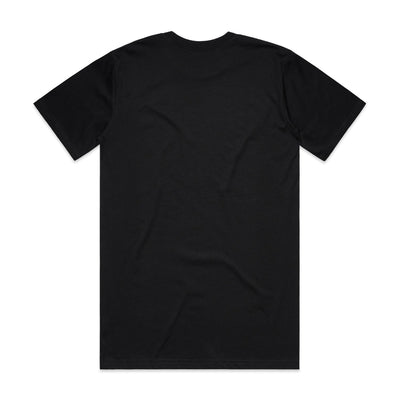 Black short-sleeved t-shirt.