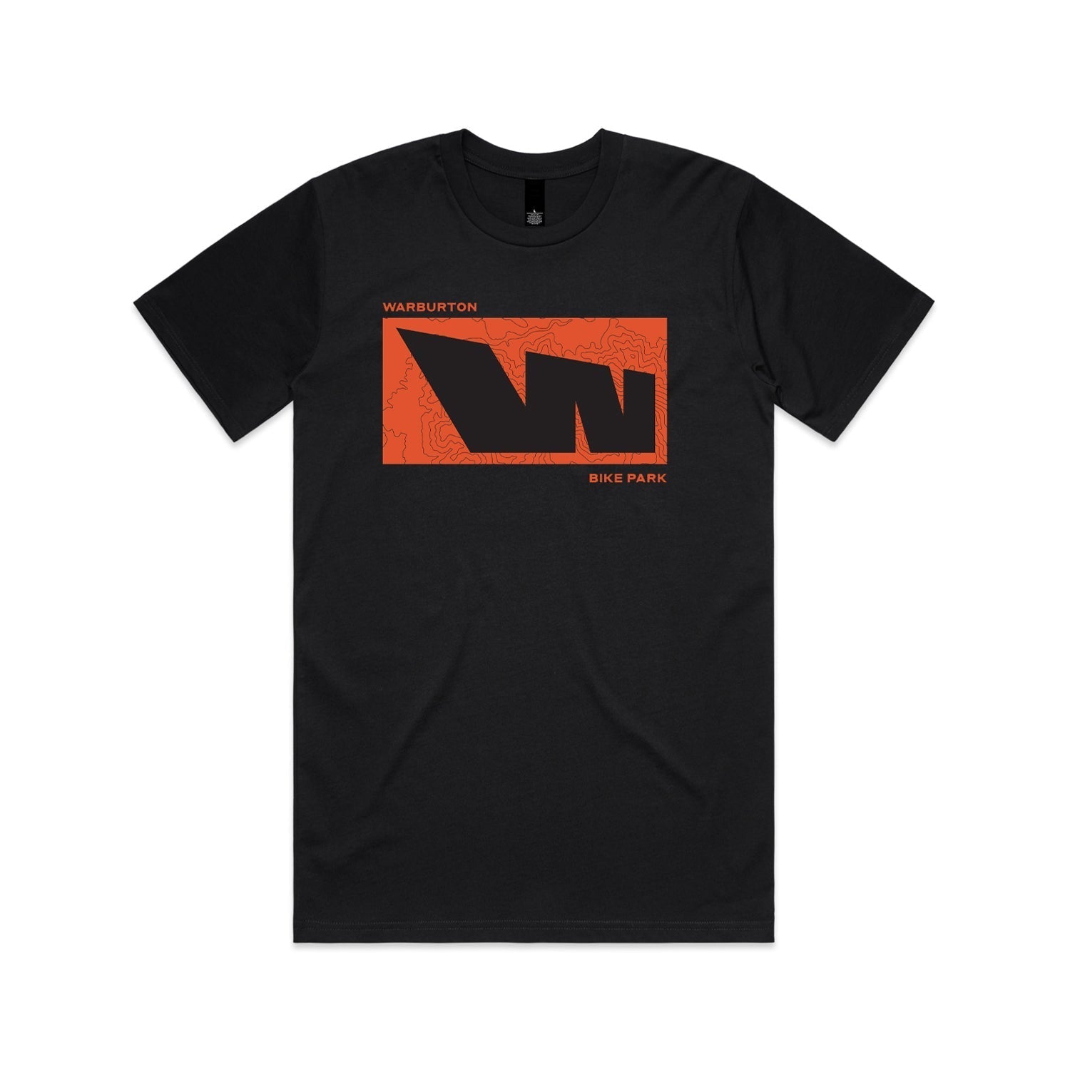 Black t-shirt with orange graphic.