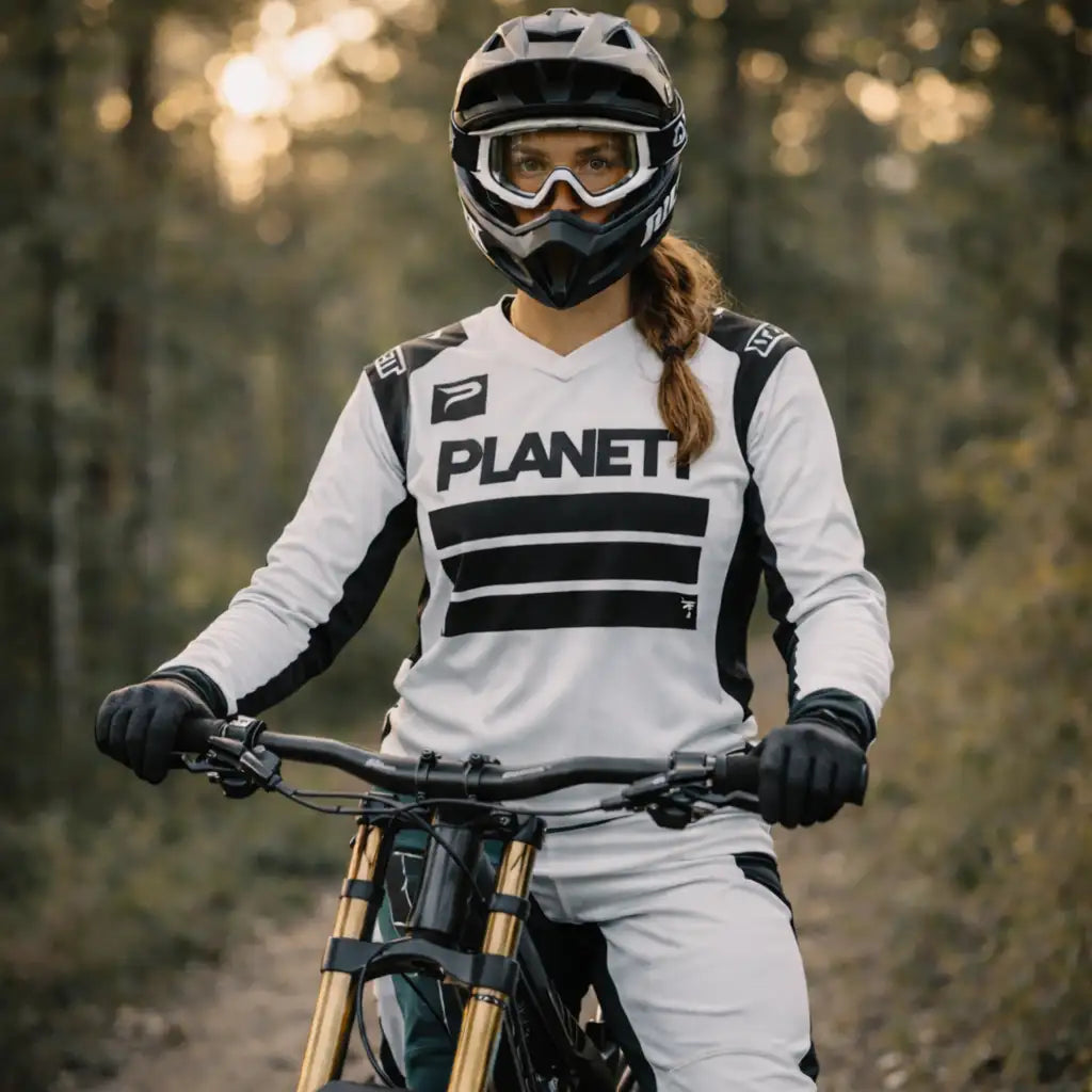 White and black planet motocross jersey with bold horizontal stripes.