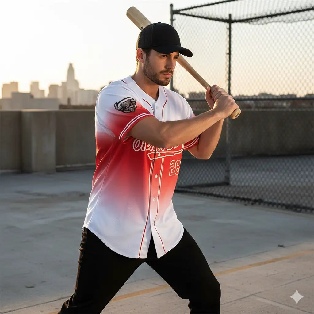 White and red gradient baseball jersey with black team logo on sleeve, number 28 in black outlined in white across chest