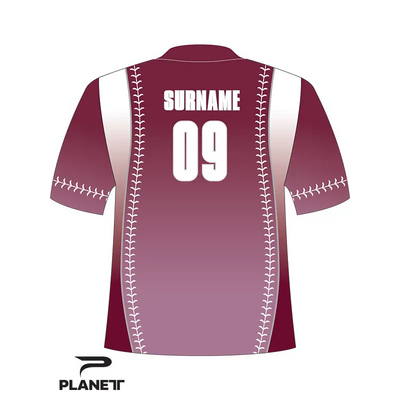 Burgundy baseball jersey.