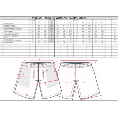 Women’s training short size chart.