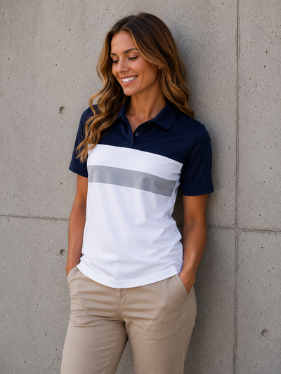 Woman wearing a navy and white polo shirt with beige pants against a concrete wall.