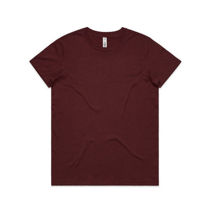Burgundy t-shirt with short sleeves and a crew neck.