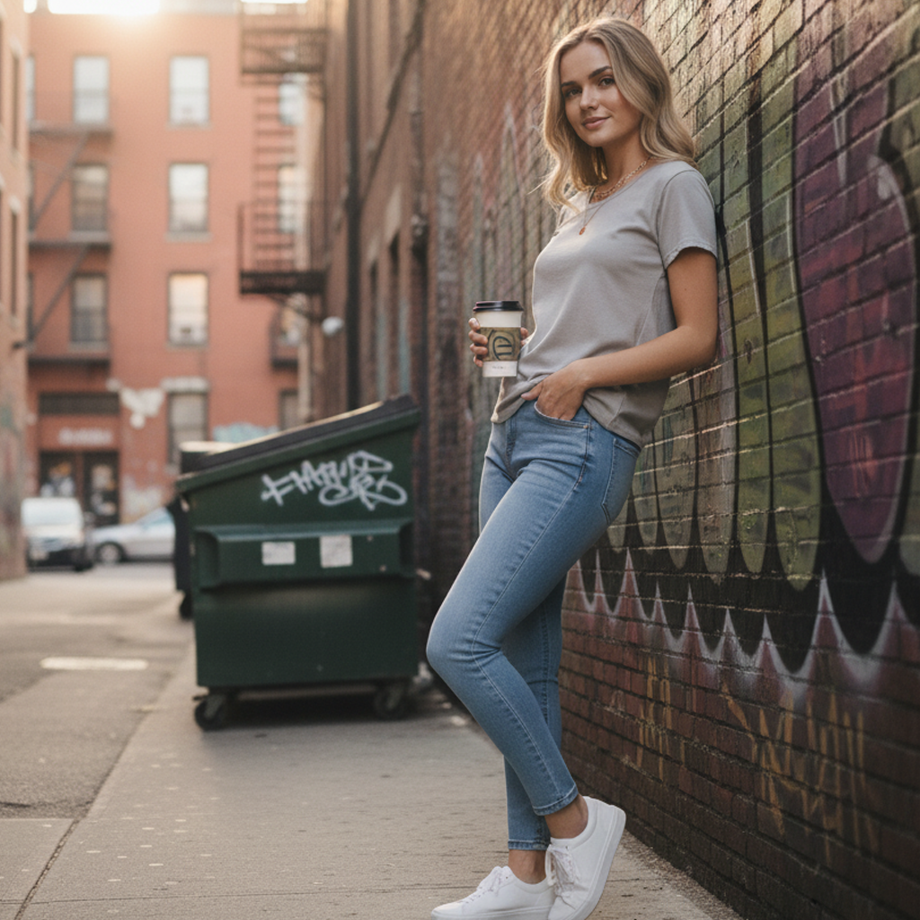 Grey t-shirt with white sneakers and jeans.