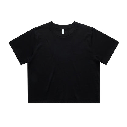 Black cropped t-shirt with short sleeves and a crew neck.