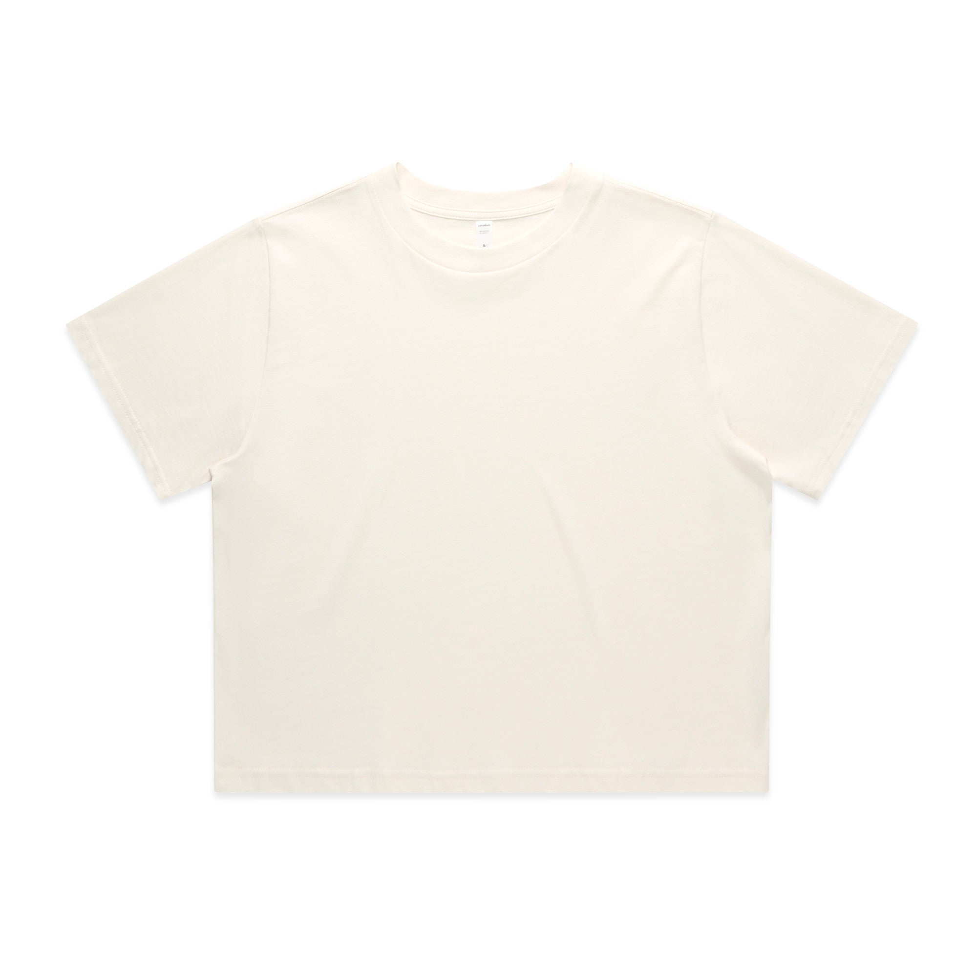 Cream-colored cropped t-shirt with short sleeves and a round neckline.
