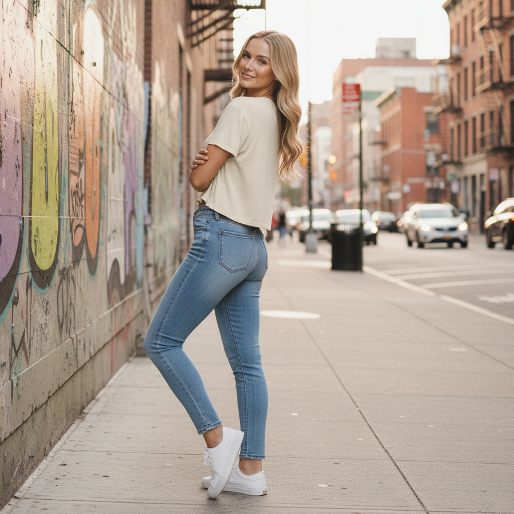 Blue denim jeans with white stitching and a classic fit.