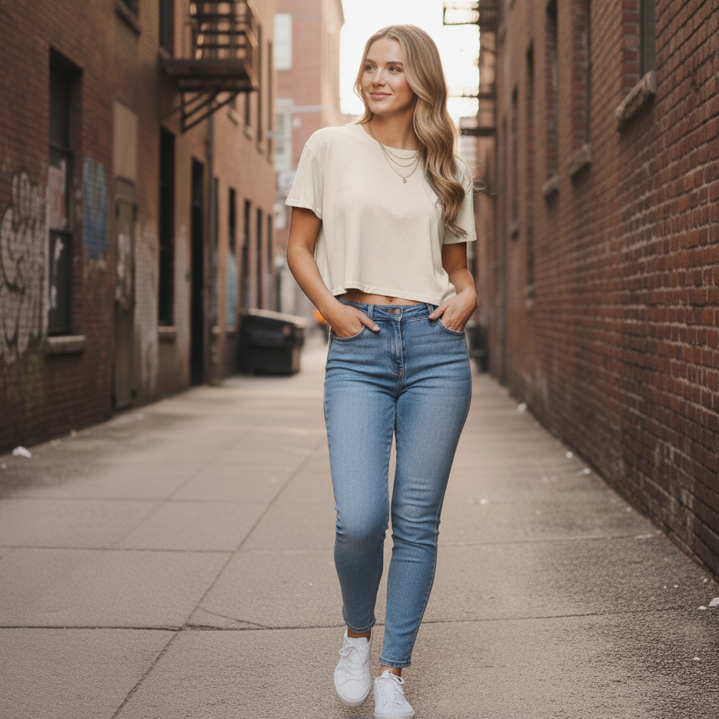 Light blue denim jeans with white sneakers and a beige crop top.