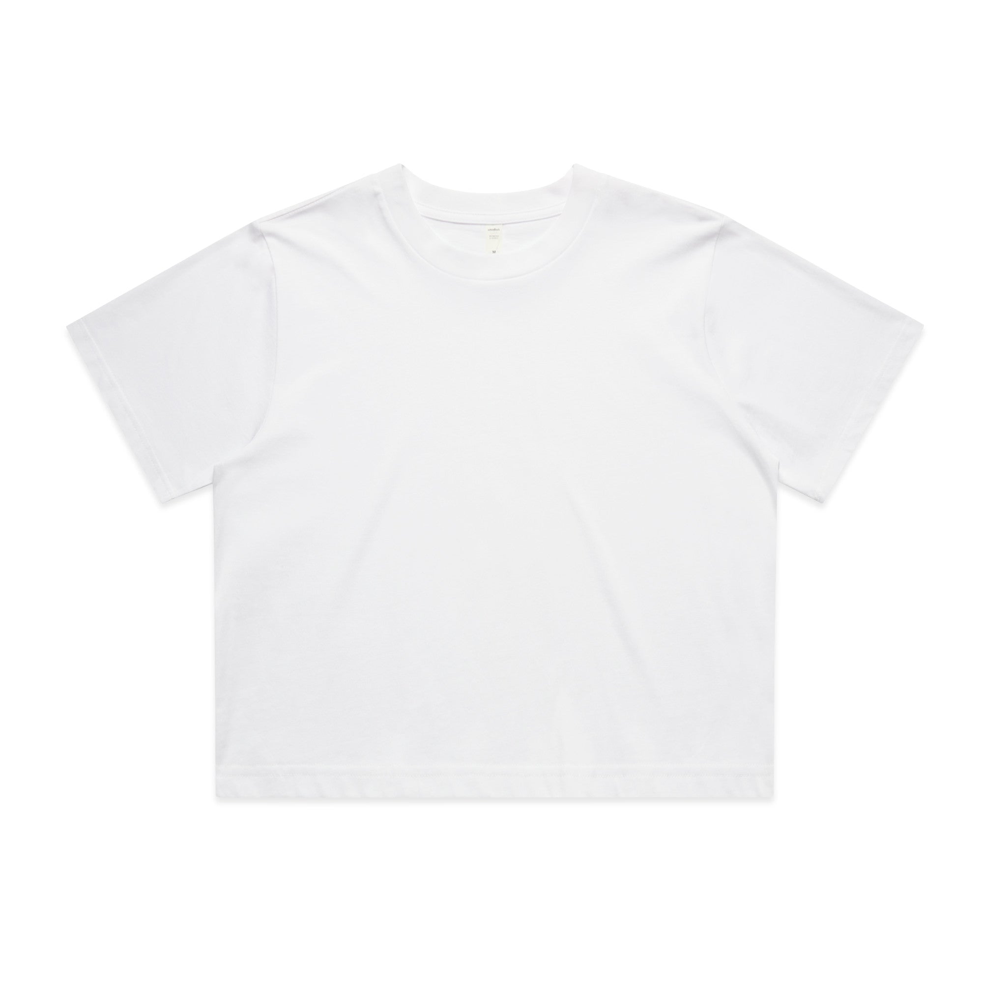 White cropped t-shirt with short sleeves and a crew neck.