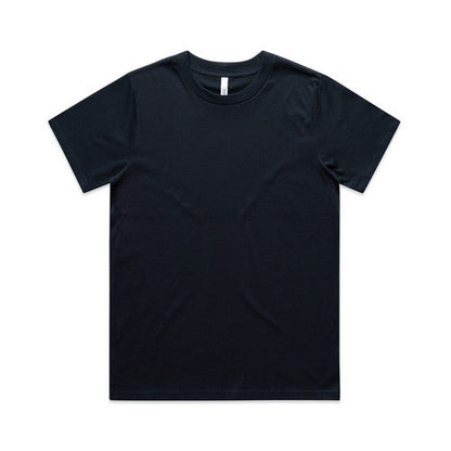 Black crew neck t-shirt with short sleeves and a simple design.